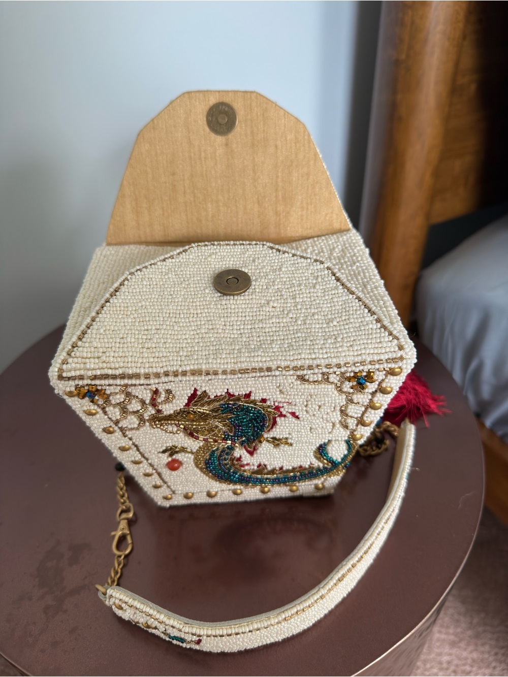 Mary Frances Fully Beaded Ivory Dragon Evening Clutch with Red Tassel NWOT - Picture 5 of 6